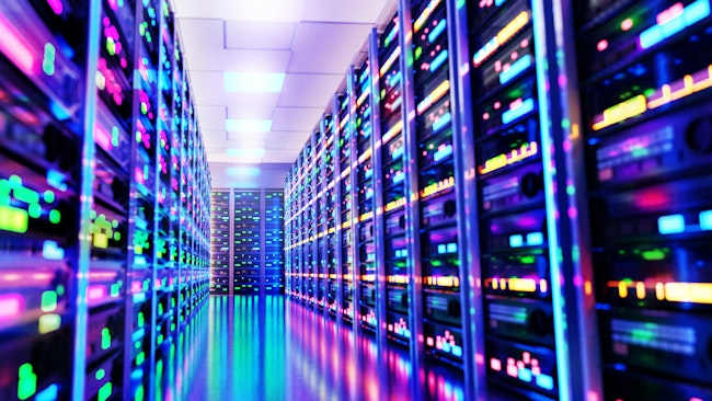 Modern server room, corridor in data center with Supercomputer racks