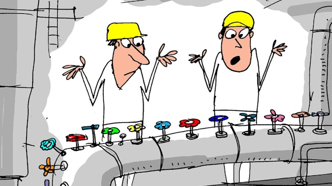 A Jerry King cartoon portrays engineers looking at a pipe with oodles of valves. The workers don't know what to do.