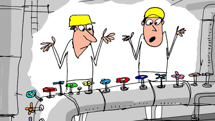 A Jerry King cartoon portrays engineers looking at a pipe with oodles of valves. The workers don't know what to do.