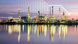 a view of a chemical plant at twilight, reflected in a body of water, with a bar graph showing downturn imposed over it a view of a chemical plant at twilight, reflected in a body of water, with a bar graph showing downturn imposed over it