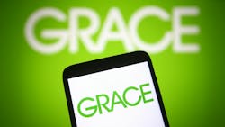 Grace logo in green text on phone screen with larger Grace logo blurred in background Grace logo in green text on phone screen with larger Grace logo blurred in background