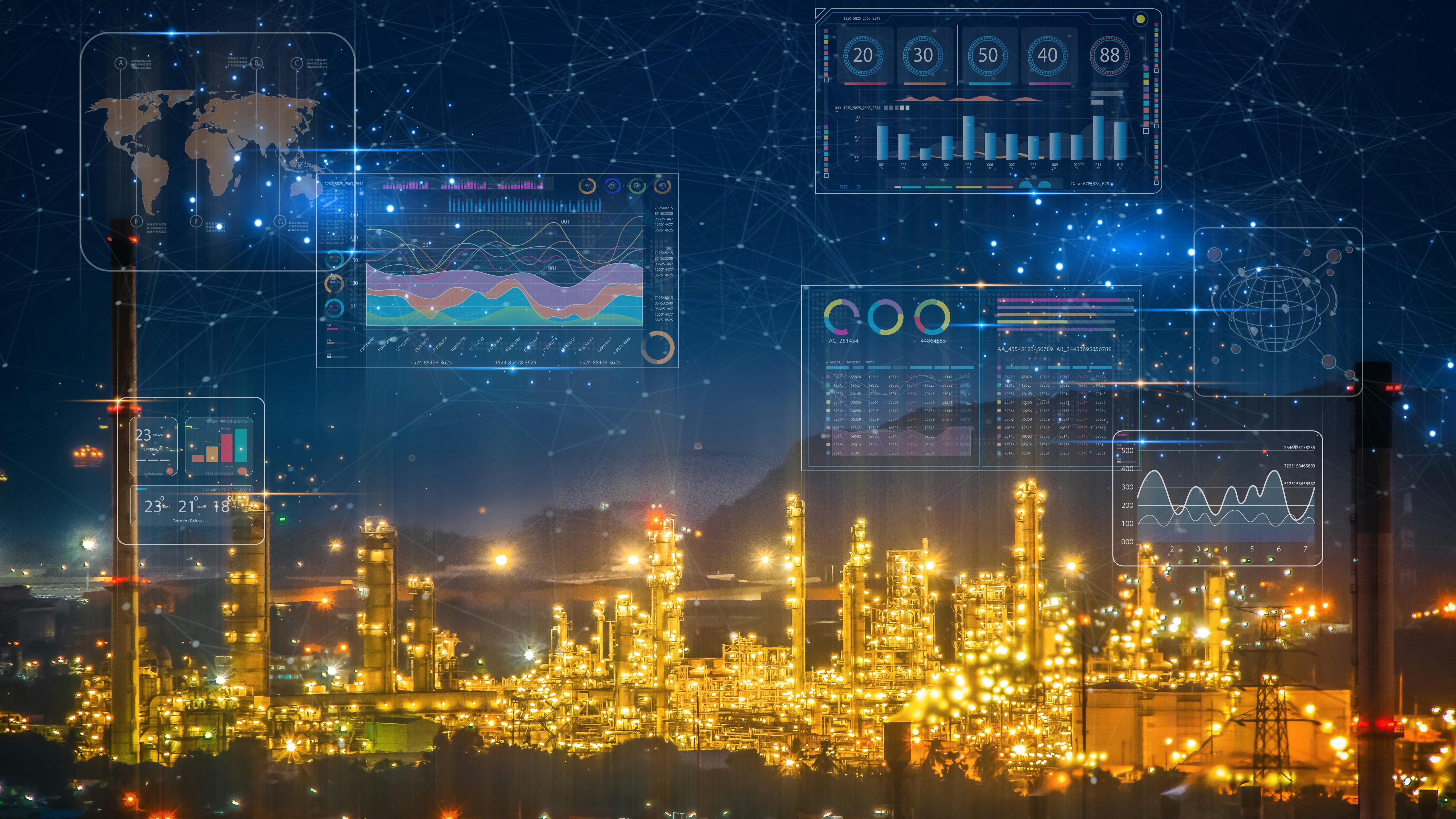 Landscape view of oil and chemical refinery plant with futuristic dashboard featuring a digital interface with holographic displays and advanced controls.
