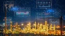 Landscape view of oil and chemical refinery plant with futuristic dashboard featuring a digital interface with holographic displays and advanced controls. Landscape view of oil and chemical refinery plant with futuristic dashboard featuring a digital interface with holographic displays and advanced controls.
