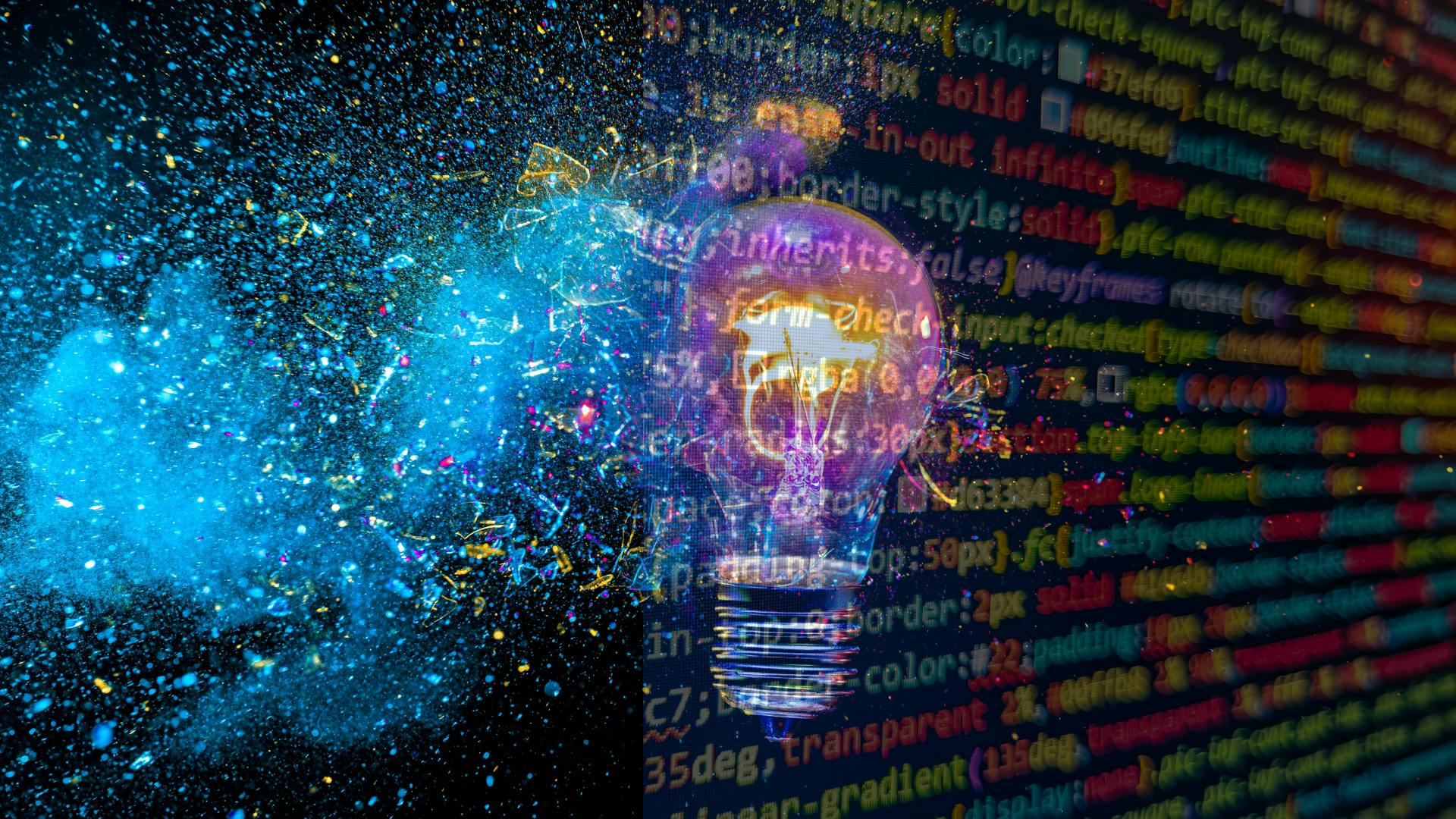 Image of a lightbulb with open source code behind it