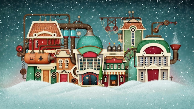 A factory made out to look like a winter wonderland