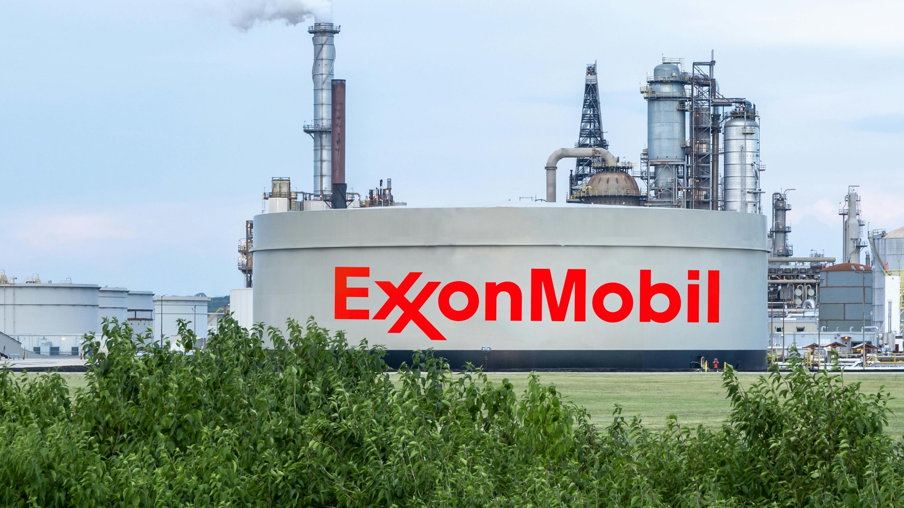 ExonMobil logo on large tank vessel at company's Joliet, Illinois refinery