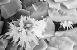 magnified view shows the calcium carbonate crystal structure without an inhibitor. magnified view shows the calcium carbonate crystal structure without an inhibitor.