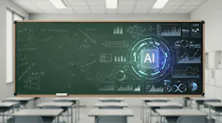 Chemical engineering degree classroom with digital AI icon overlaid on chalkboard to represent education concept. Chemical engineering degree classroom with digital AI icon overlaid on chalkboard to represent education concept.