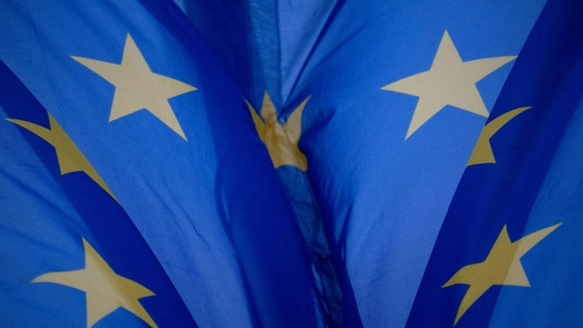 Closeup shot of the European Union flag flying in the wind. (Sebastian Gollnow/dpa/TNS)