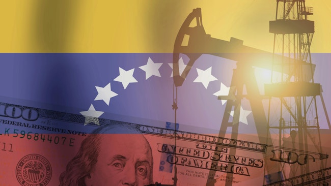 Crude oil and petroleum concept. Pump jack, US dollar notes and Venezuela flag background