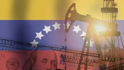 Crude oil and petroleum concept. Pump jack, US dollar notes and Venezuela flag background Crude oil and petroleum concept. Pump jack, US dollar notes and Venezuela flag background