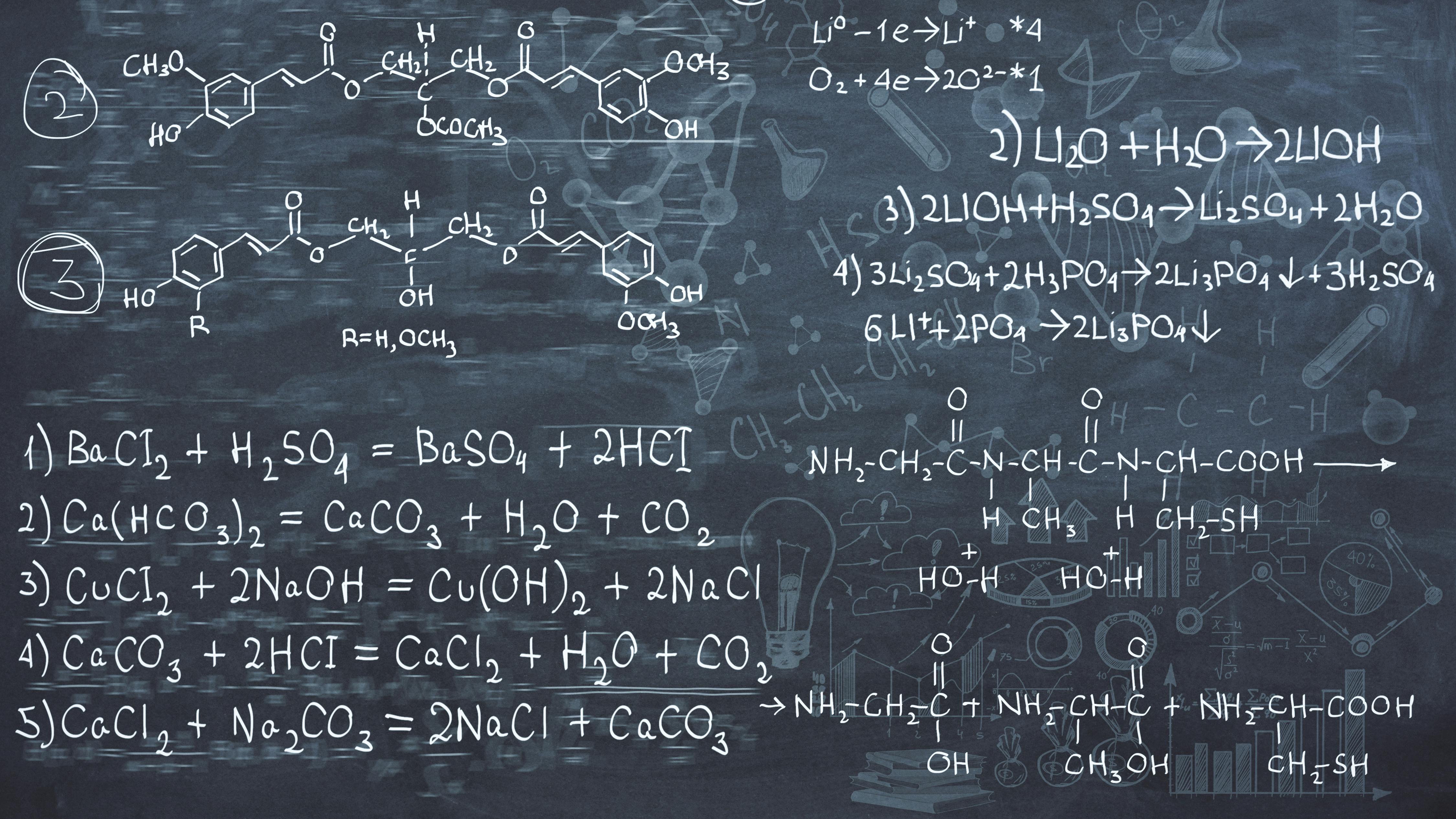 Chalkboard with chemical formulas.