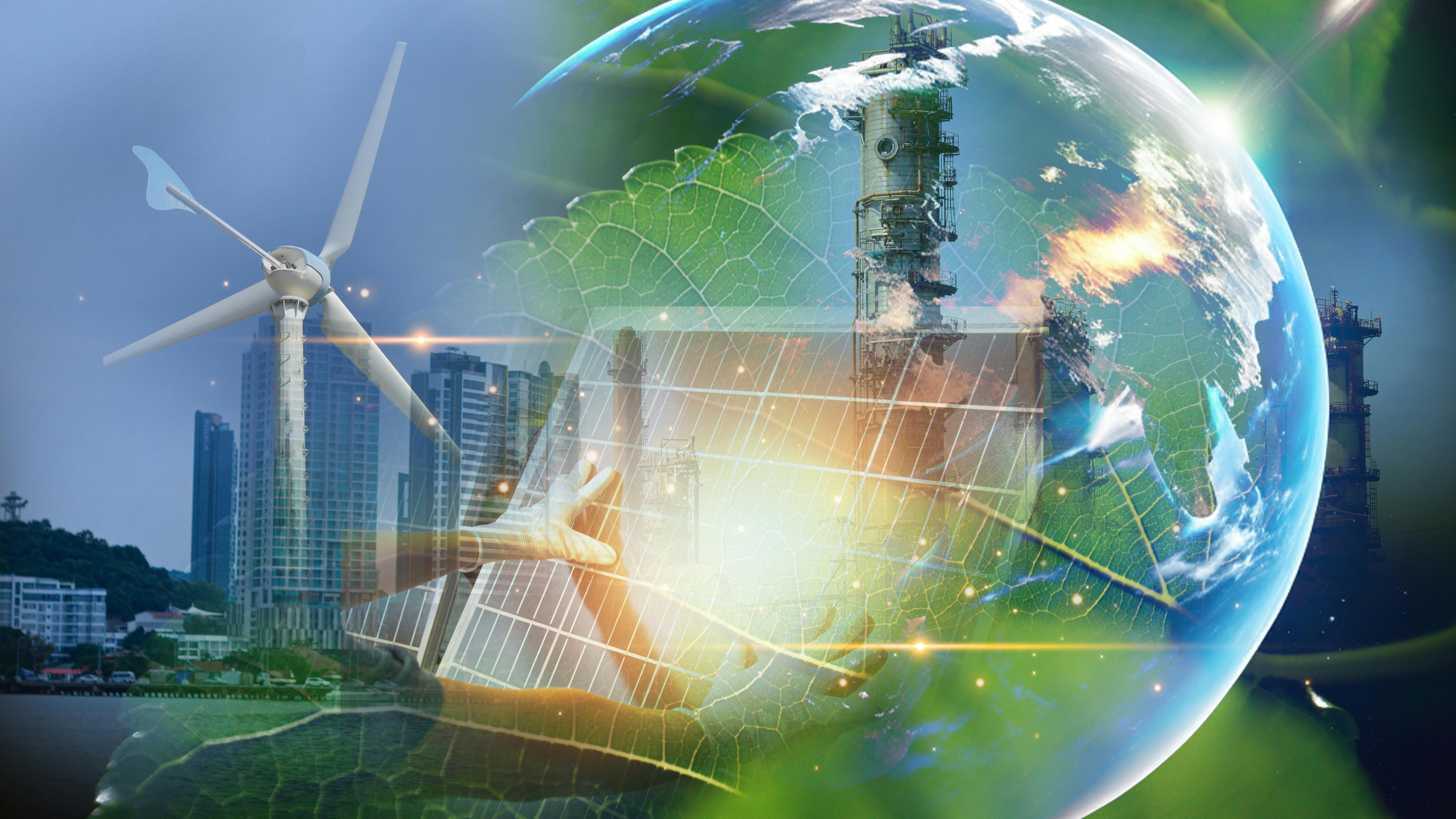 Concept of protecting the environment. Renewable energy. Sustainable alternative energy sources. Green energy innovation, green world