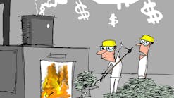 Comical Processing cartoon from Jerry King showing operators shoveling money into a furnace. Comical Processing cartoon from Jerry King showing operators shoveling money into a furnace.