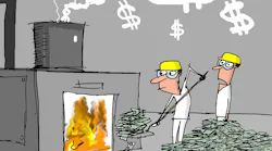 Comical Processing cartoon from Jerry King showing operators shoveling money into a furnace. Comical Processing cartoon from Jerry King showing operators shoveling money into a furnace.