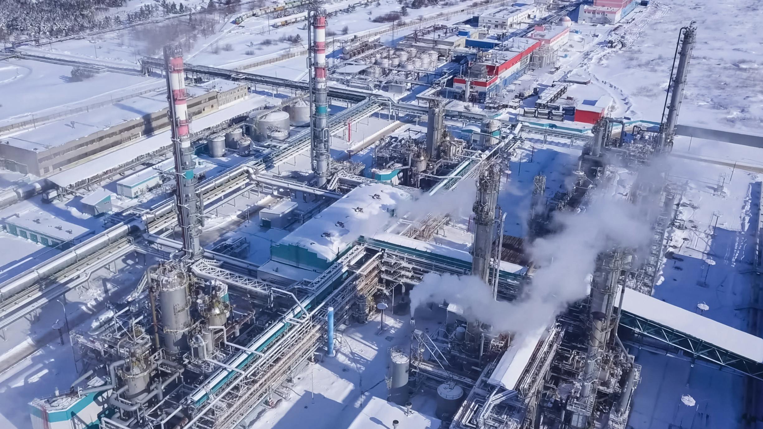 top view of the oil refinery and petrochemical plant in winter.