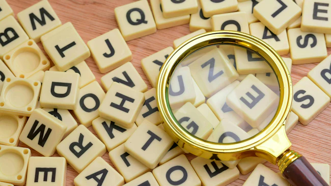 text tiles with magnifying glass