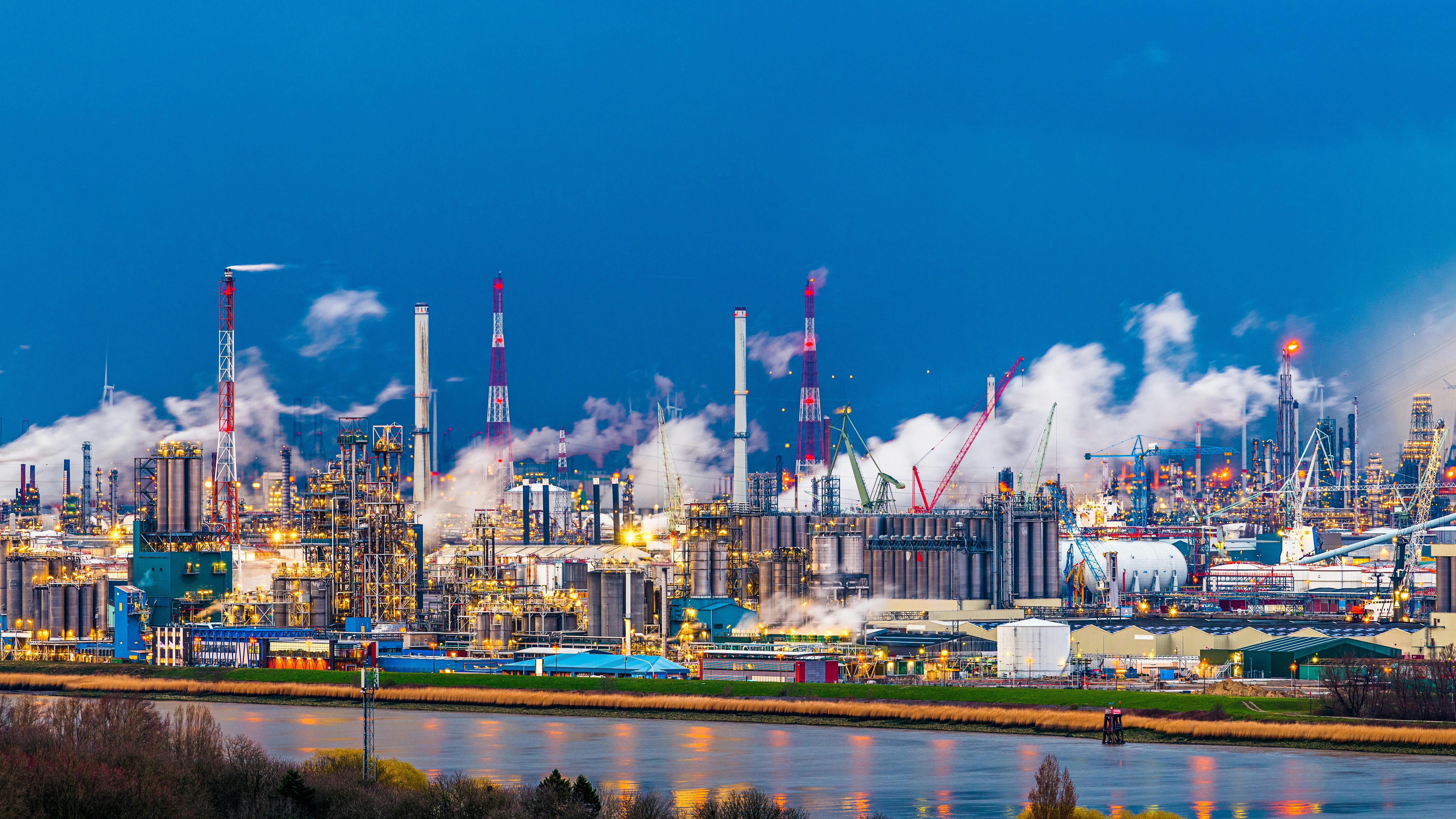 Industry in Anterp, Belgium at dusk.