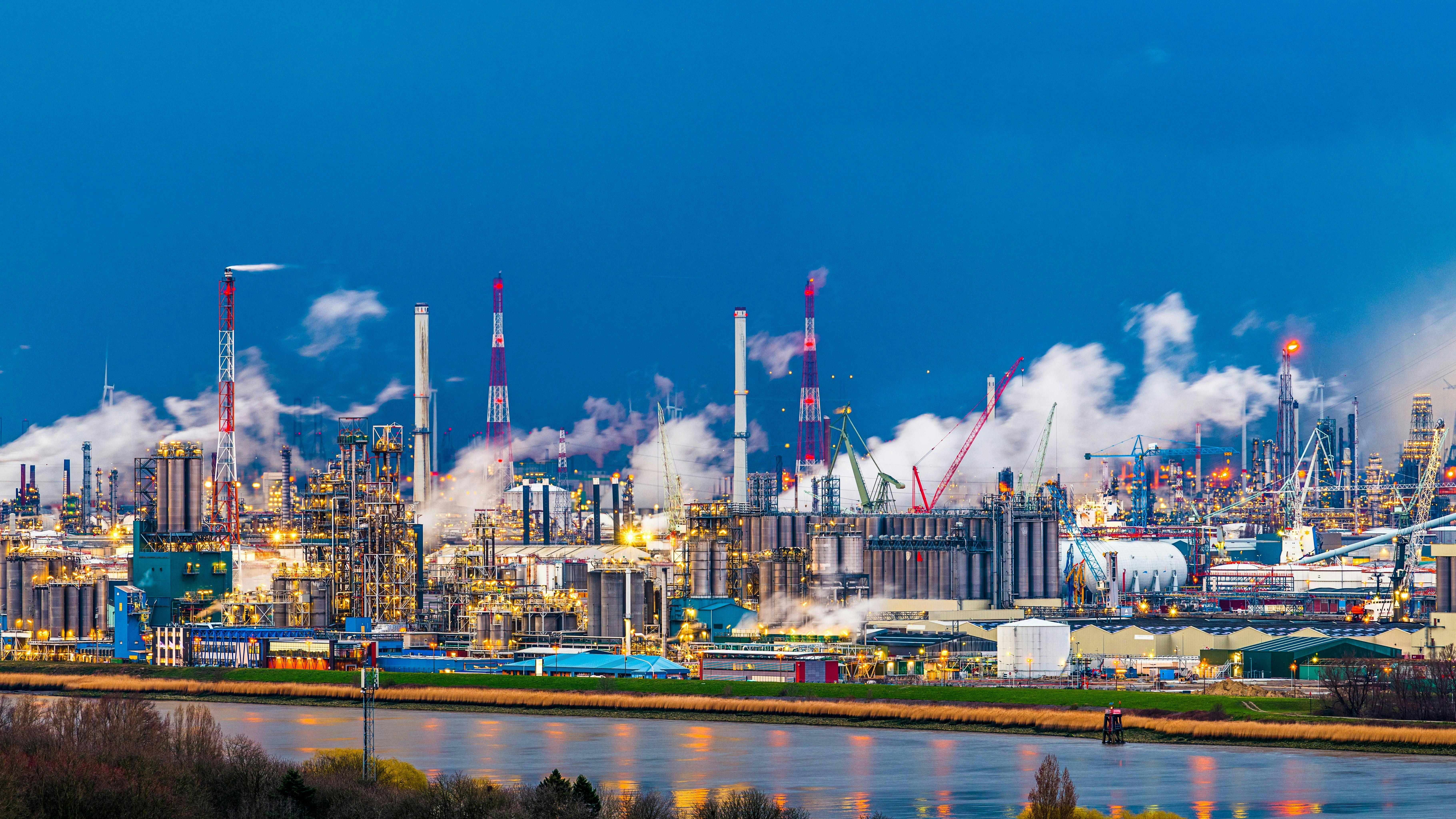 Industry in Anterp, Belgium at dusk.