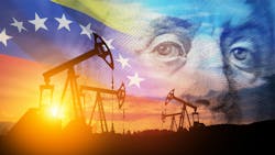 Oil pump on background of US dollar and Venezuela flag. Petroleum production. Oil pump on background of US dollar and Venezuela flag. Petroleum production.