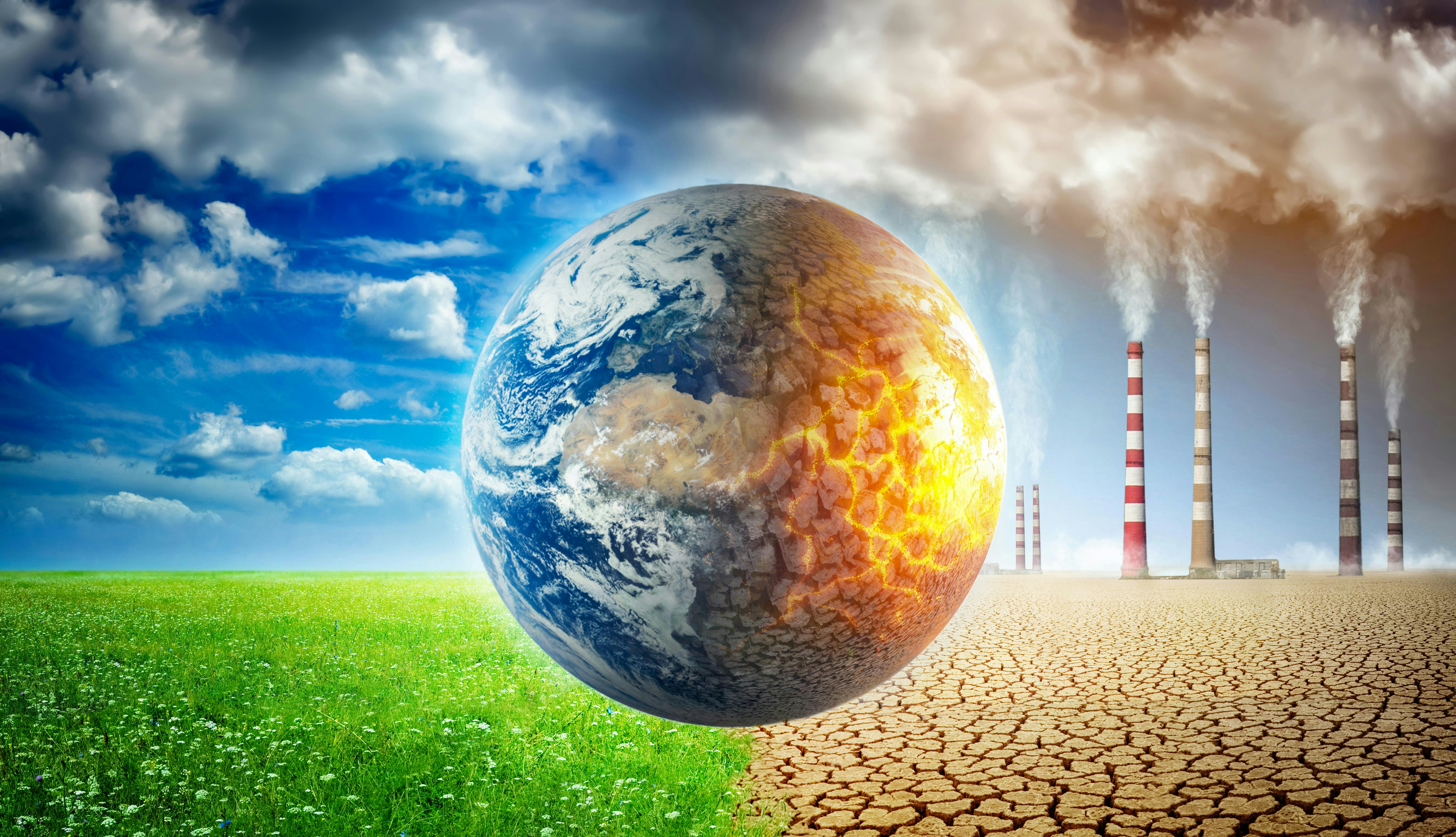 Earth on a background of grass and clouds versus a ruined Earth on a background of a dead desert with Smoking chimneys of industrial enterprises.