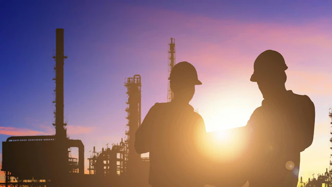 Silhouette of engineer and foreman working at petrochemical oil refinery in sunrise