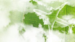 Outline of aircraft in clouds with green fields below Outline of aircraft in clouds with green fields below
