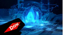 Dow logo on cell phone with digital AI concept in background Dow logo on cell phone with digital AI concept in background