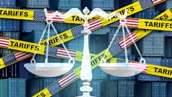 Justice balance in front of a backdrop of tariff caution tape. Supreme Court Strips Trump's Emergency Tariff Authority Justice balance in front of a backdrop of tariff caution tape. Supreme Court Strips Trump's Emergency Tariff Authority