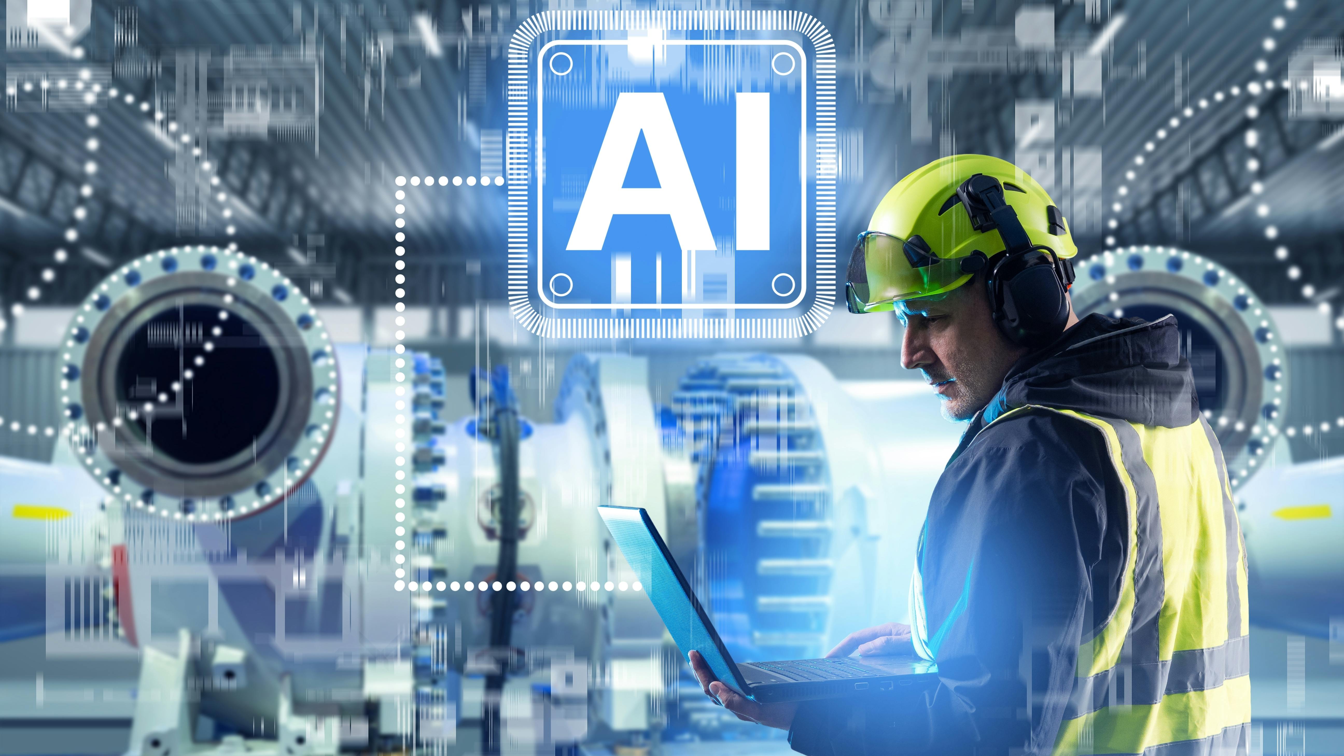 Worker with laptop and AI digital overlay in background