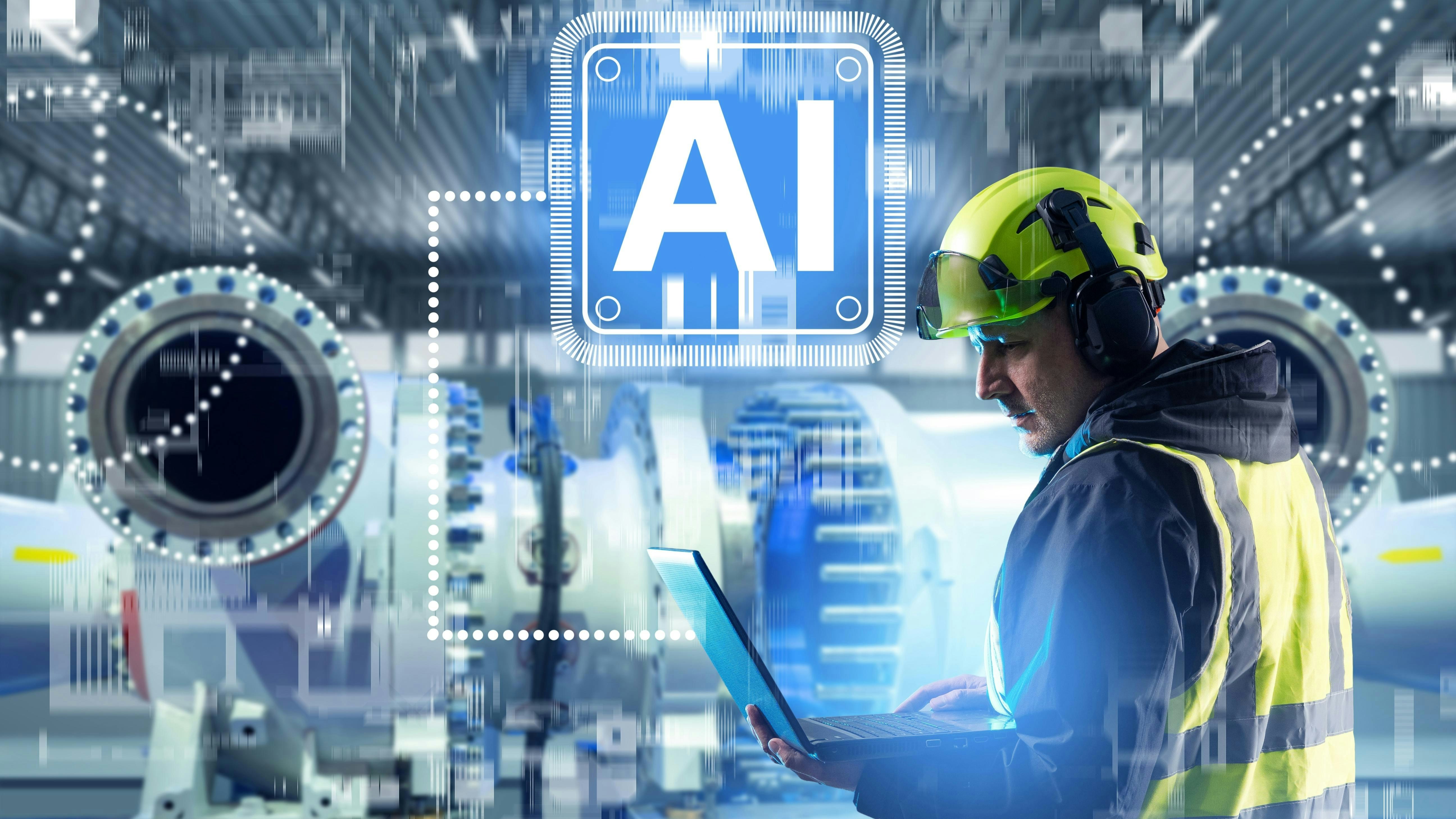 Worker with laptop and AI digital overlay in background