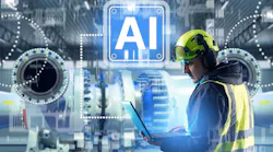 Worker with laptop and AI digital overlay in background
