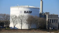 Chemical storage tank with BASF logo Chemical storage tank with BASF logo
