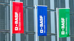 Colorful flags with BASF logo fly at company headquarters