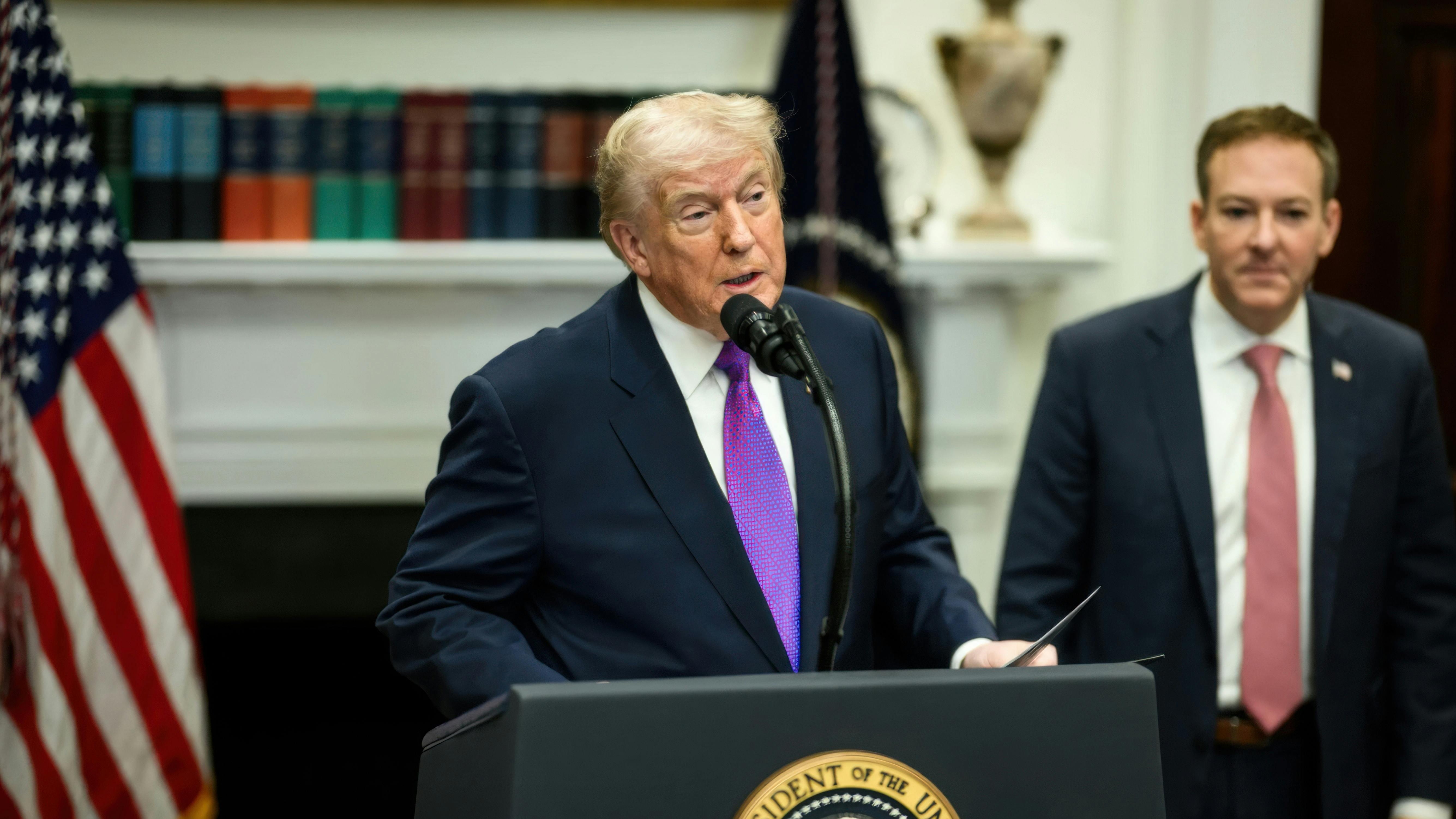 President Donald Trump and EPA Administrator Lee Zeldin make an announcement on rescinding the 2009 EPA Environmental Protection Agency endangerment finding at the White House. Deregulatory action.