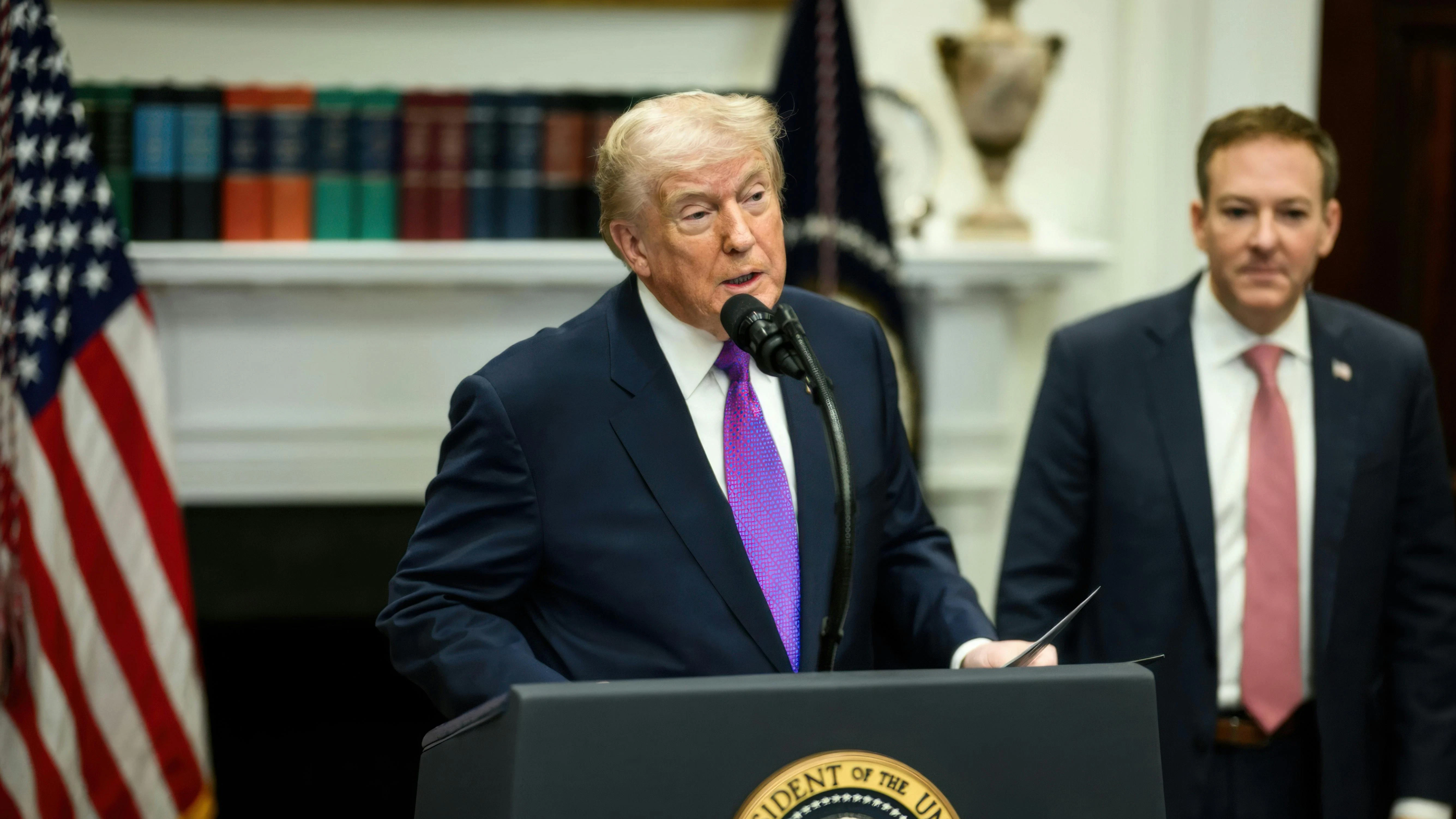President Donald Trump and EPA Administrator Lee Zeldin make an announcement on rescinding the 2009 EPA Environmental Protection Agency endangerment finding at the White House. Deregulatory action.