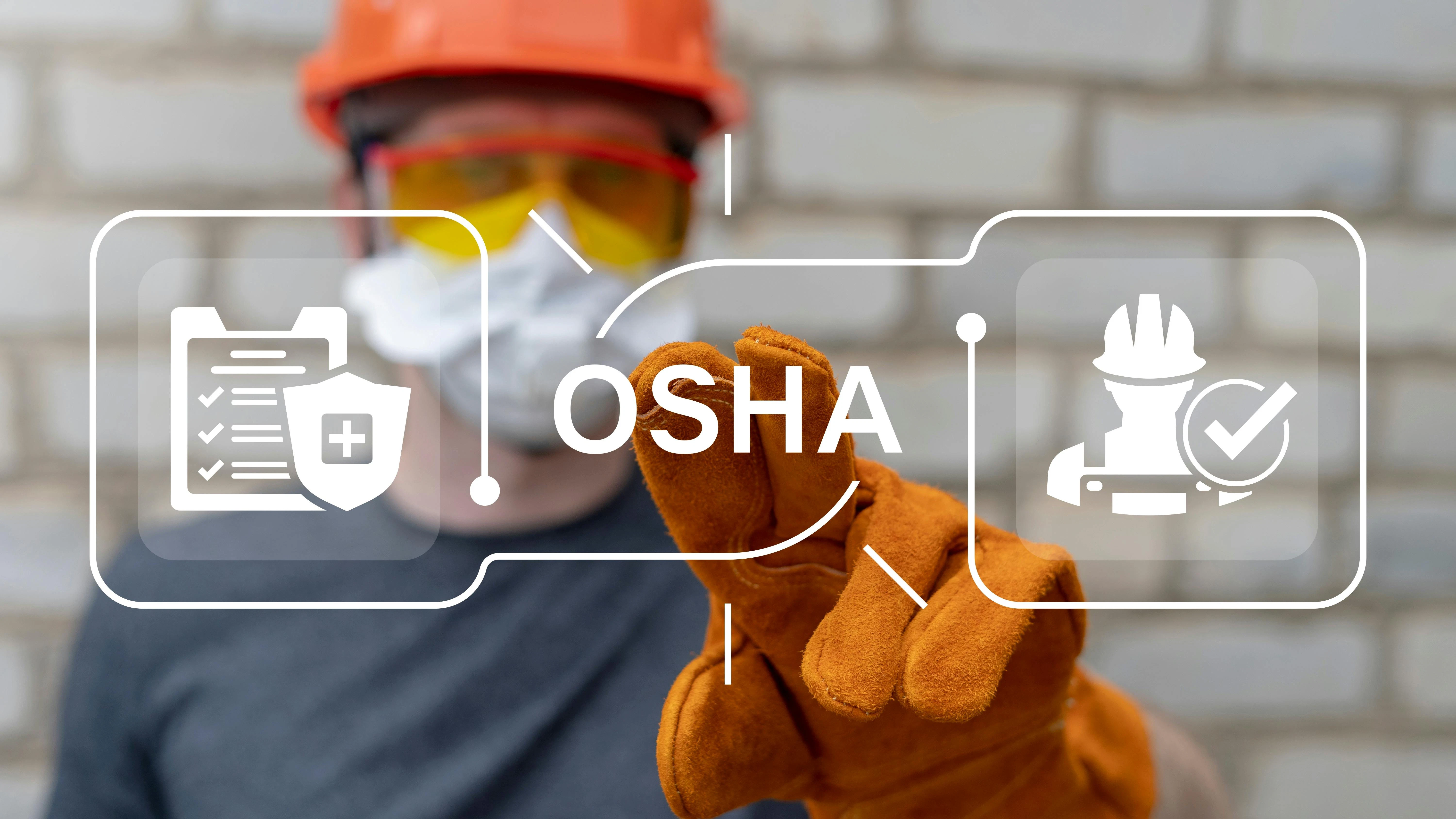OSHA Occupational Safety and Health Administration. OSHA checklist documents. Industry employee working on virtual touchscreen selects OSHA acronym.