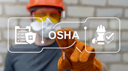 OSHA Occupational Safety and Health Administration. OSHA checklist documents. Industry employee working on virtual touchscreen selects OSHA acronym.