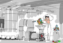 Cartoon created by Jerry King showing an operator in a chemical plant recycling Cartoon created by Jerry King showing an operator in a chemical plant recycling