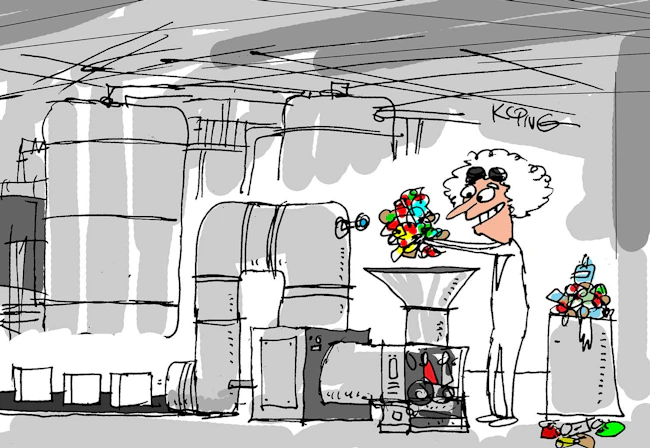 Cartoon created by Jerry King showing an operator in a chemical plant recycling