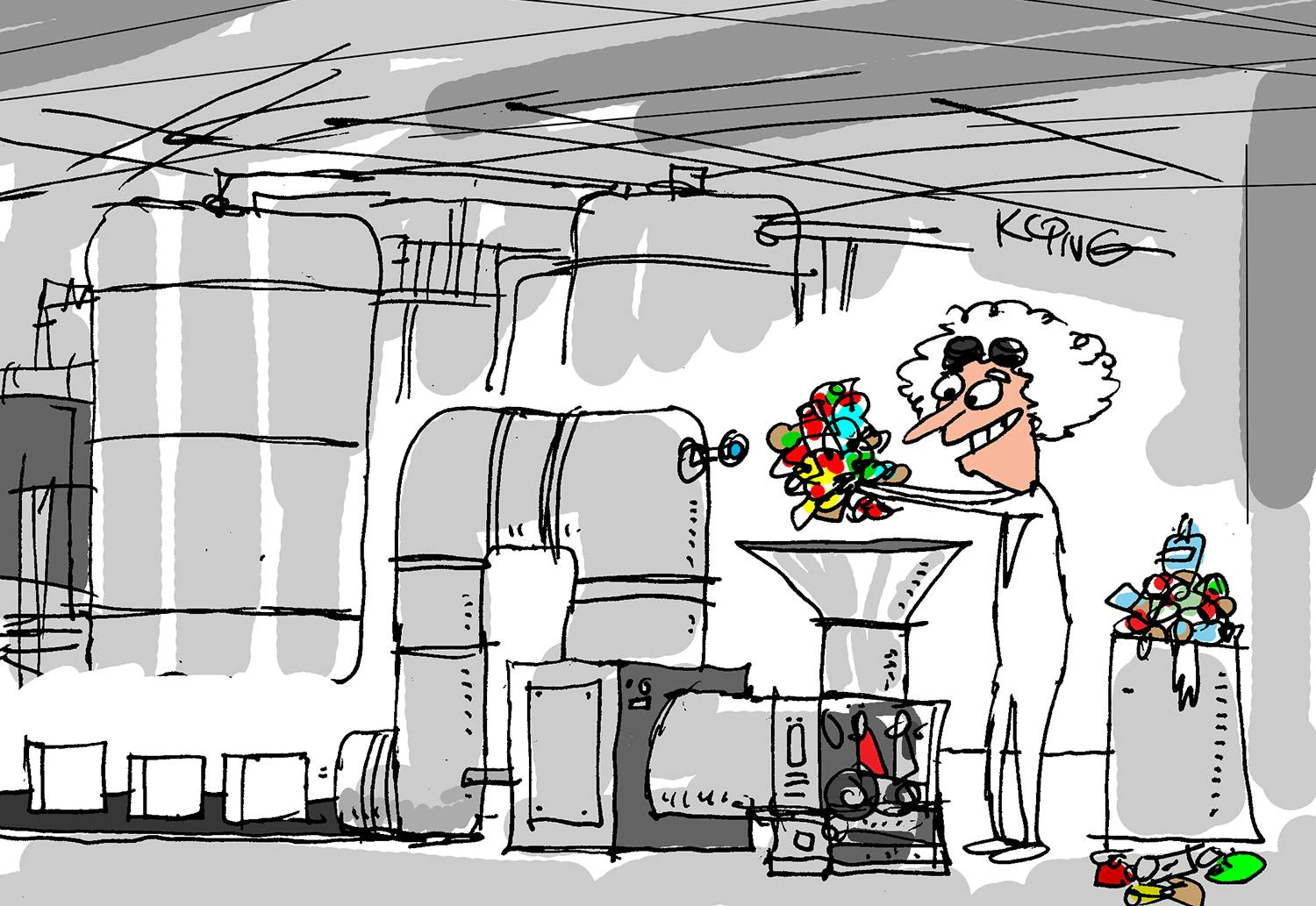 Cartoon created by Jerry King showing an operator in a chemical plant recycling