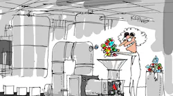 Cartoon created by Jerry King showing an operator in a chemical plant recycling Cartoon created by Jerry King showing an operator in a chemical plant recycling