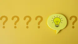 Row of five question marks with an idea lightbulb speech bubble placed before the fifth question mark. Row of five question marks with an idea lightbulb speech bubble placed before the fifth question mark.