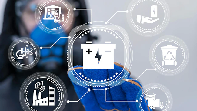 Electric car lithium battery automated assembly line. Concept of accumulators and battries production for ev, vehicle, mobile devices and everything else. Accumulator modern industry.