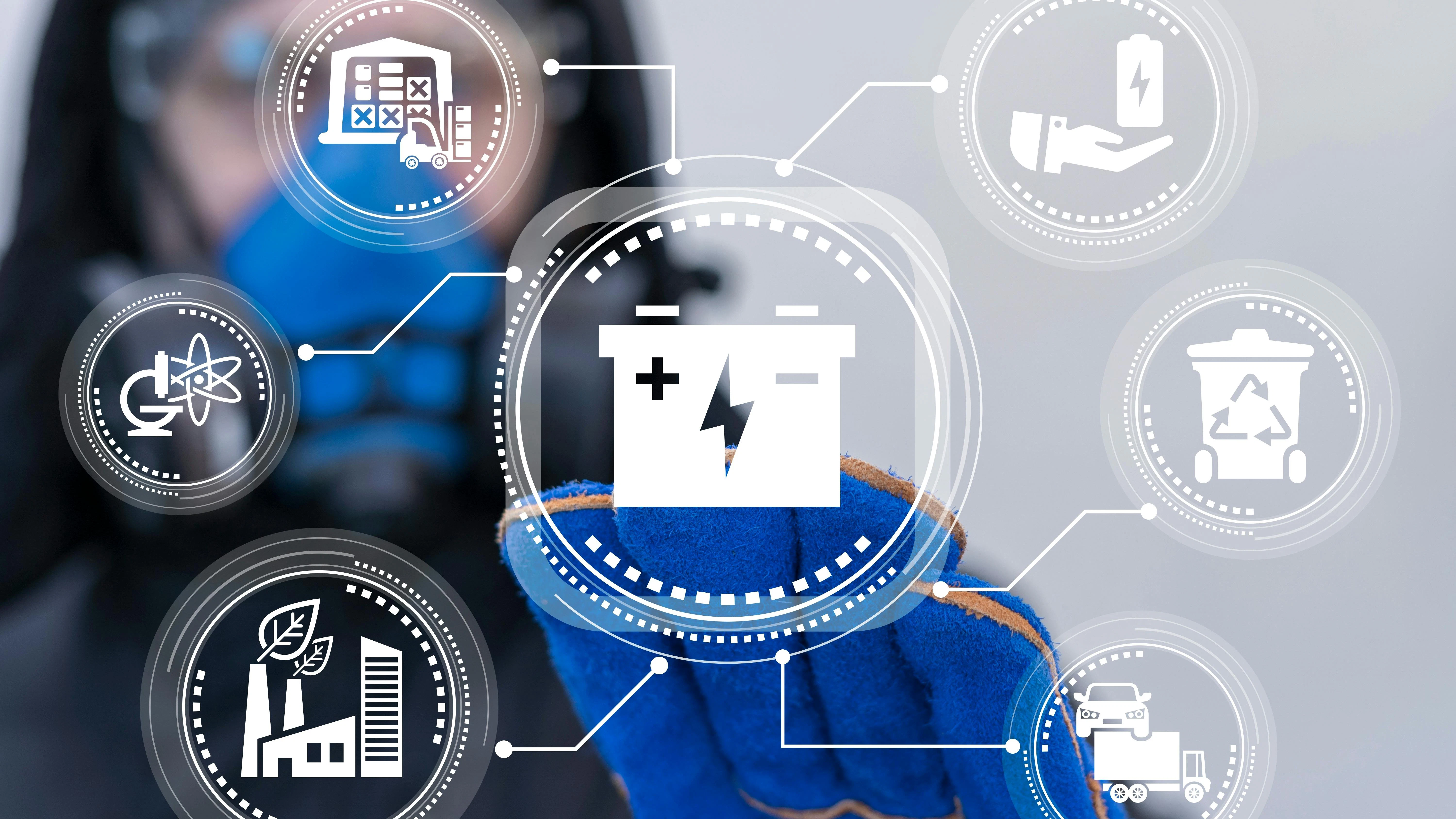 Electric car lithium battery automated assembly line. Concept of accumulators and battries production for ev, vehicle, mobile devices and everything else. Accumulator modern industry.