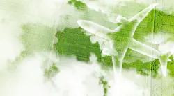 Sustainable aviation fuel concept. Outline of plane over green fields and clouds