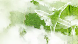 Sustainable aviation fuel concept. Outline of plane over green fields and clouds Sustainable aviation fuel concept. Outline of plane over green fields and clouds