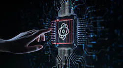 Quantum Computing Revolutionizing Information Processing Illustrated on a Processor Touched by a Human Hand.
