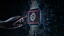Quantum Computing Revolutionizing Information Processing Illustrated on a Processor Touched by a Human Hand. Quantum Computing Revolutionizing Information Processing Illustrated on a Processor Touched by a Human Hand.
