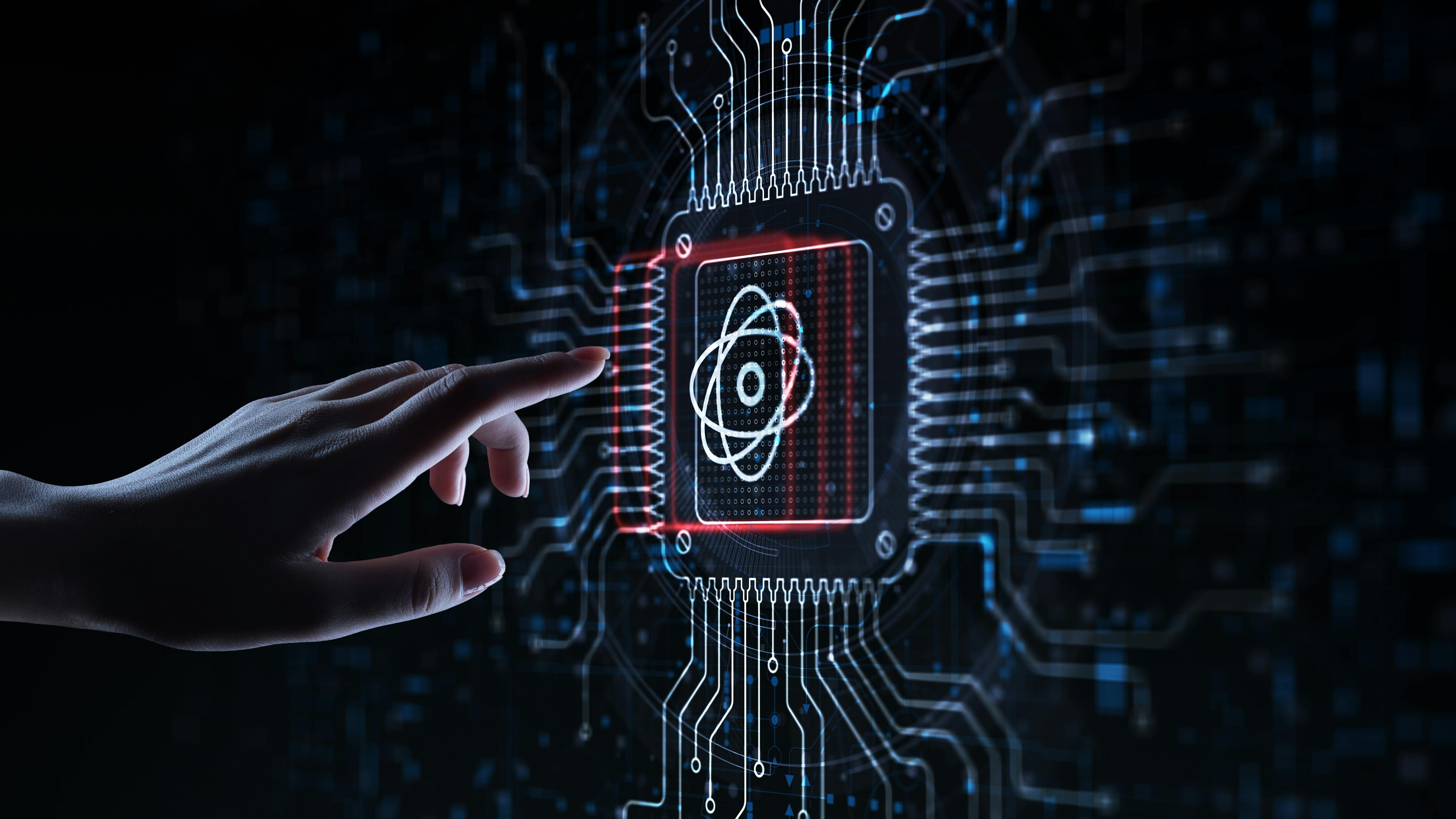 Quantum Computing Revolutionizing Information Processing Illustrated on a Processor Touched by a Human Hand.